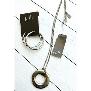 NEW NWT J. Jill Silver Round Long Pendant Necklace Hoop Earrings Set $58 Retail